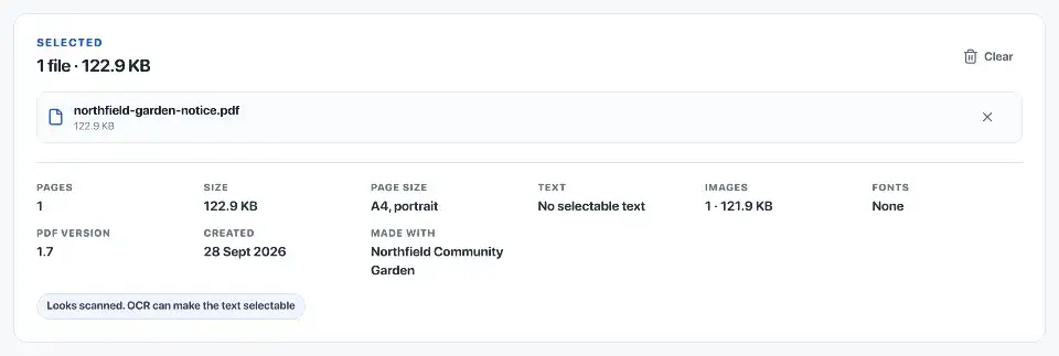 OCR PDF: Before editing scanned text. The garden notice is selected and identified as a scan without selectable text.