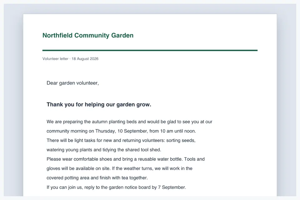 Edit PDF: Rebuildfree's browser editor. The Northfield Community Garden letter is open on the editor canvas.