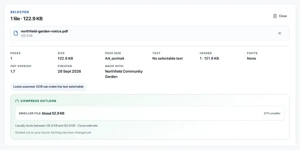 Compress PDF: Reducing PDF size. The Northfield garden notice is selected, with page details and a Smaller file estimate below it.