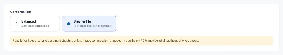 Compress PDF: Reducing PDF size. Smaller file is selected beside Balanced for the garden notice.