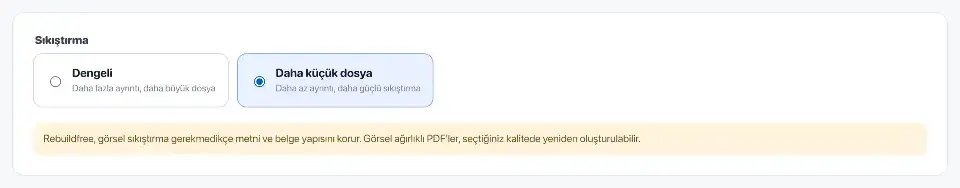 PDF küçült: Bahçe duyurusu için Dengeli yerine Daha küçük dosya seçilmiş.