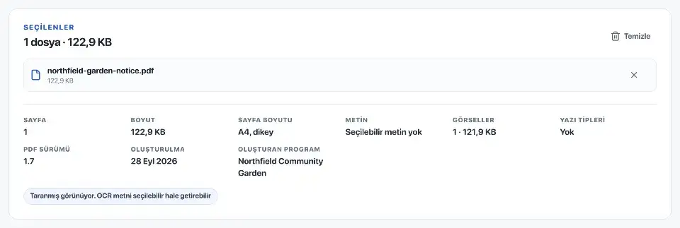 PDF OCR: Taramayı aranabilir yaparken. Bahçe duyurusu seçili. Sayfa bilgileri, yazının henüz seçilemediğini gösteriyor.