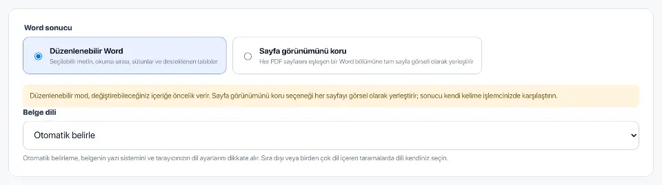 PDF'den Word'e: Bahçe mektubunun Word dönüştürme ayarları görünüyor.