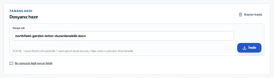 PDF'den Word'e: Dönüştürülen bahçe mektubu Word dosyası olarak indirilmeye hazır.